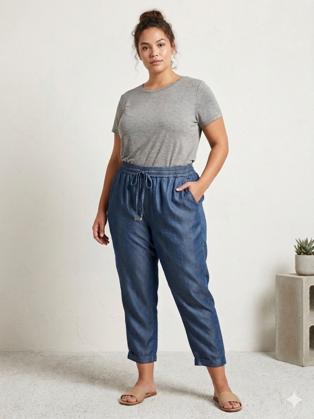 Max Jeans Berkshire Drawstring Crop Chambray Casual Pants